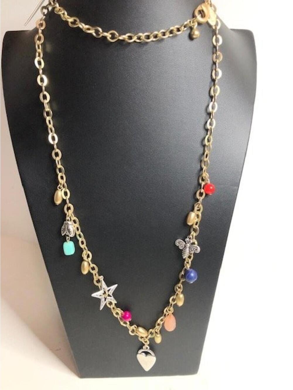 B1143 Chico's Long Charm Necklace 40" Gold Tone  Bead Charms Bee Star Bug heart